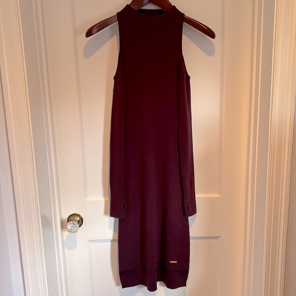 Sweaty Betty Ra Knit Dress in oxblood - wool blend and cold shoulder